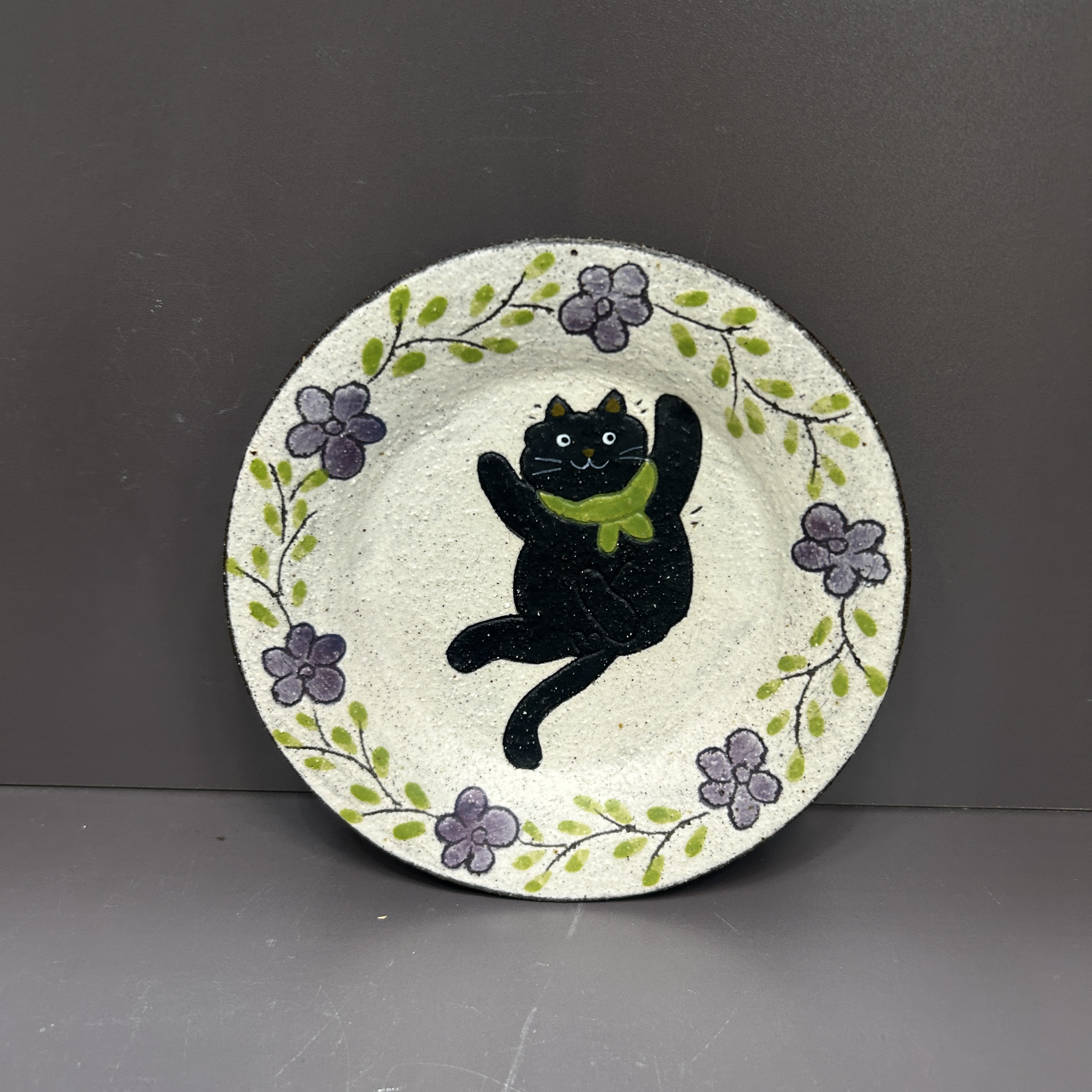 150小黑猫紫花紫砂碟子