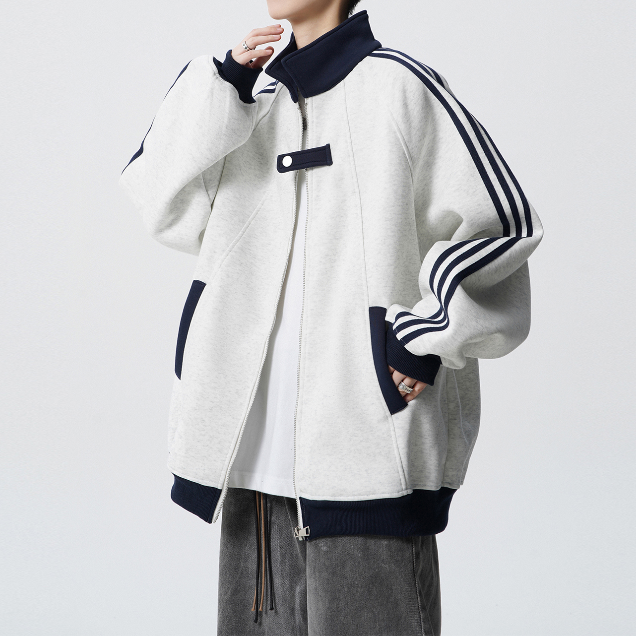 学院风开衫外套女侧边三条杠设计感秋季2025新款宽松卫衣情侣装