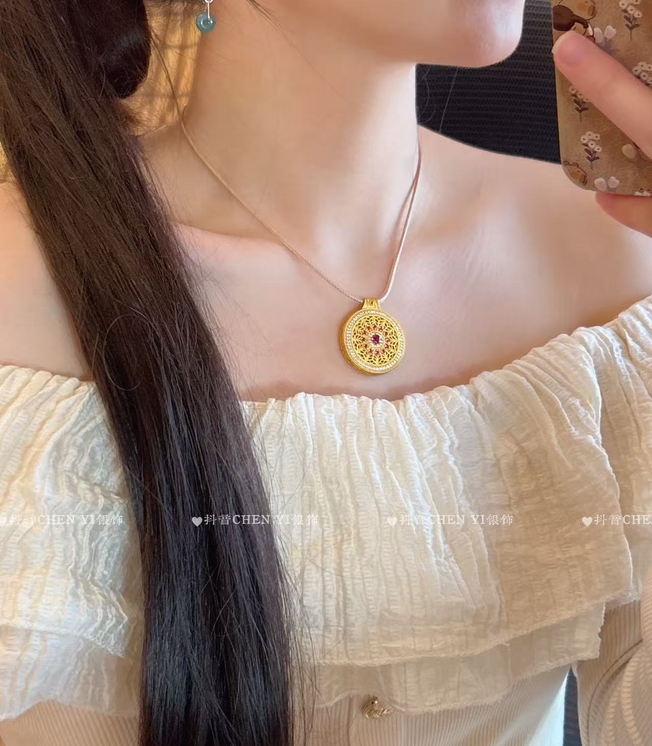 银锆石吊坠 【花团·锦簇】描金花丝镶嵌八宝罗盘吊坠精美