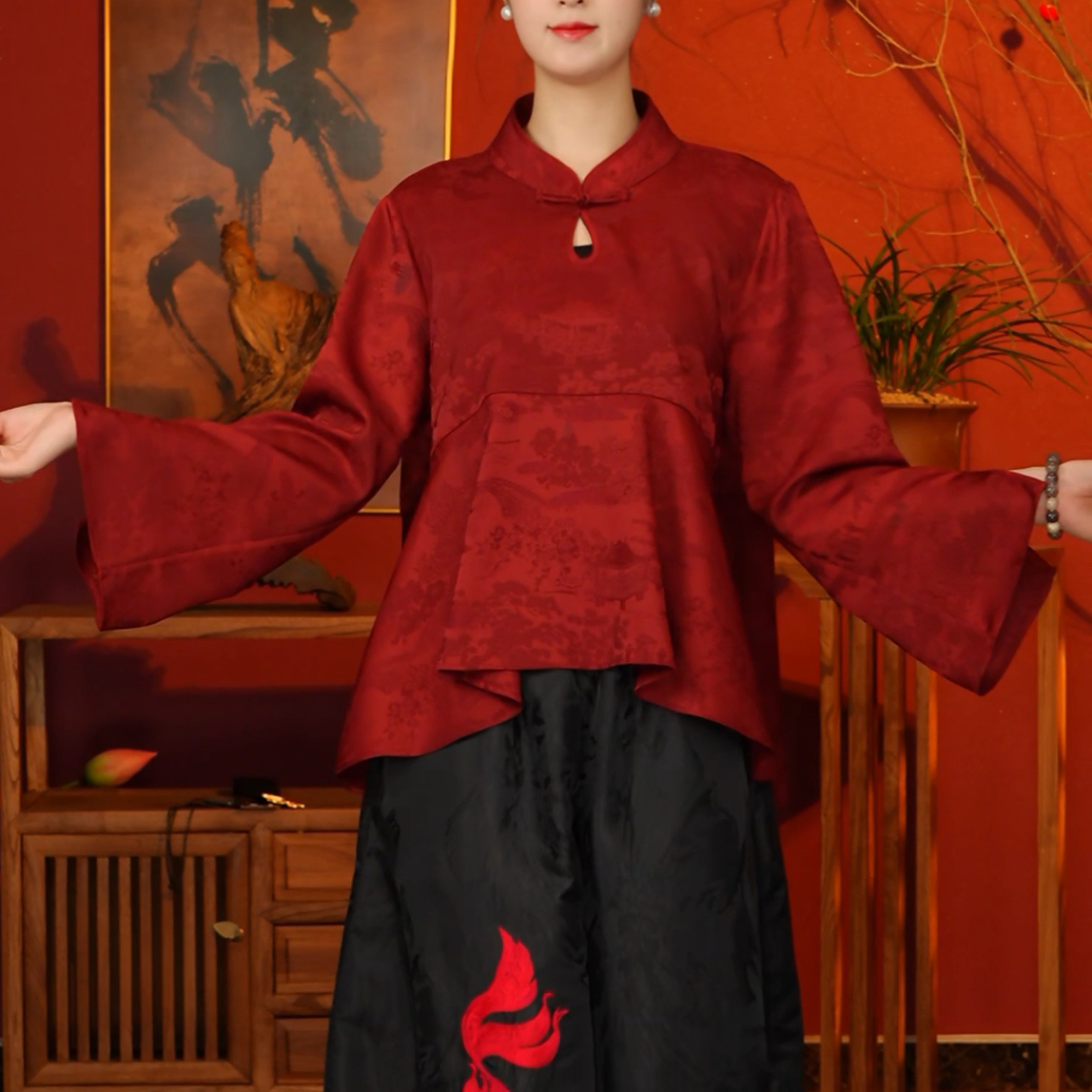 【风起端阳】BF33003-1酒红色不规则下摆新中式旗袍领上衣