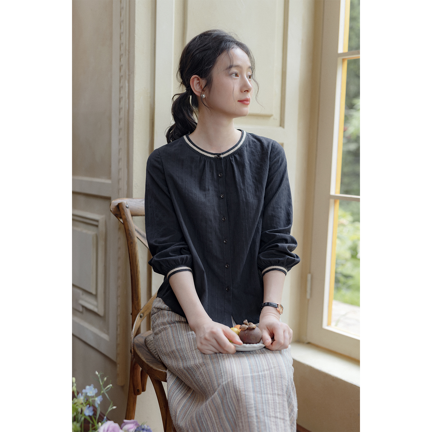 红念黑色纯棉衬衫女长袖宽松休闲2025年秋季新款女装气质春秋上衣
