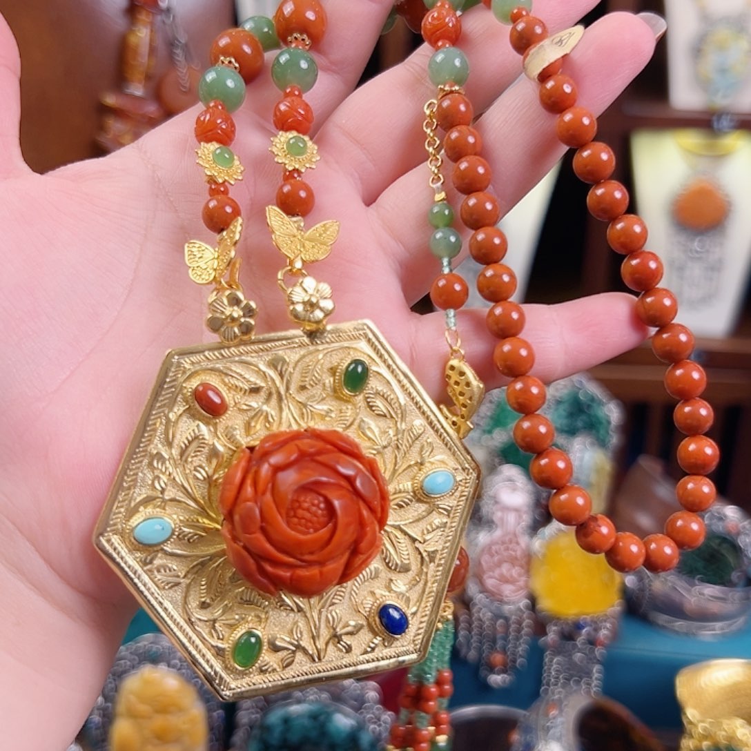 南红玛瑙银S925镶嵌颈饰国风