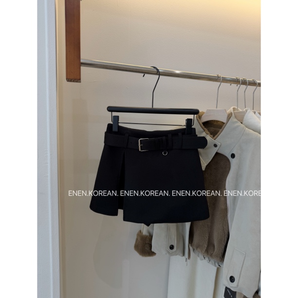 ENEN"呢子裤裙"秋冬厚款呢子不规则显瘦高腰呢子短半身裙（配腰带）