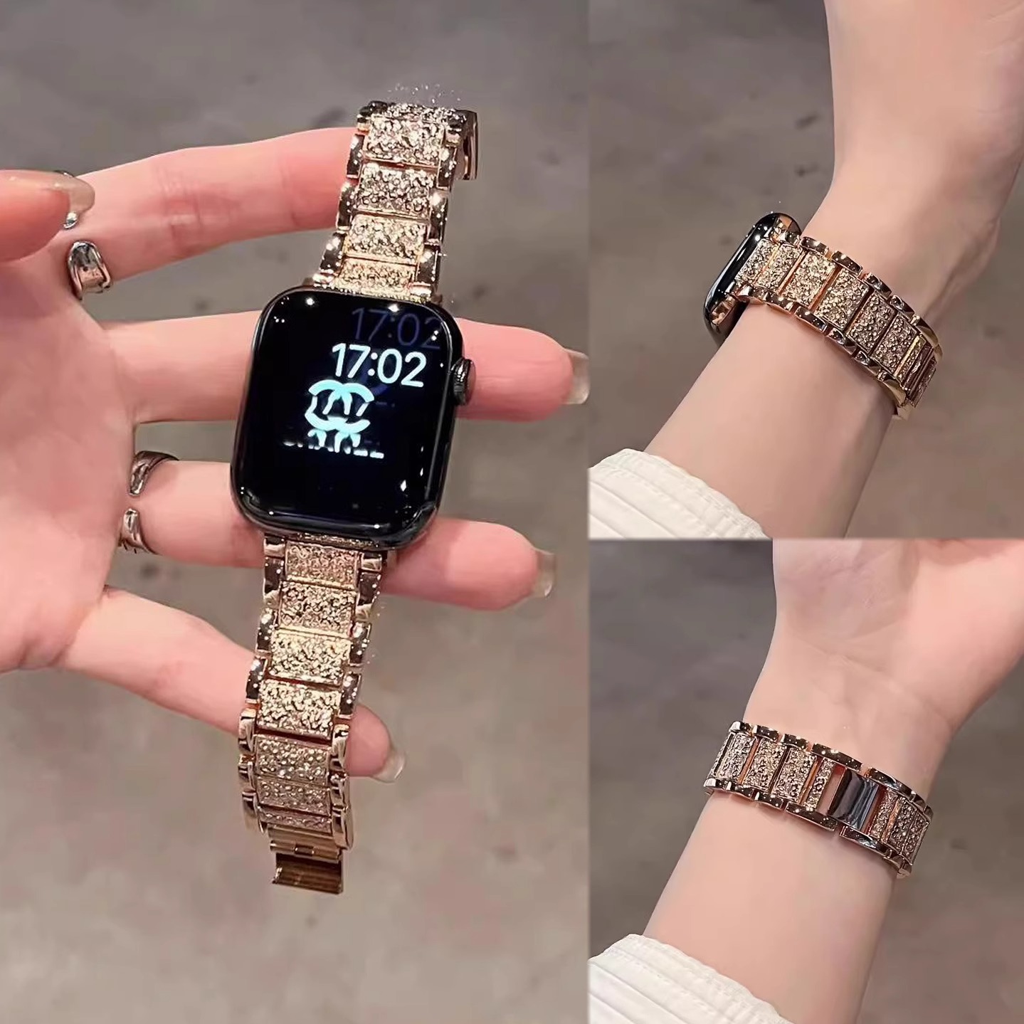 适用iwatchS10表带se满天星满钻三株金属腕带苹果s9配件8手表表带