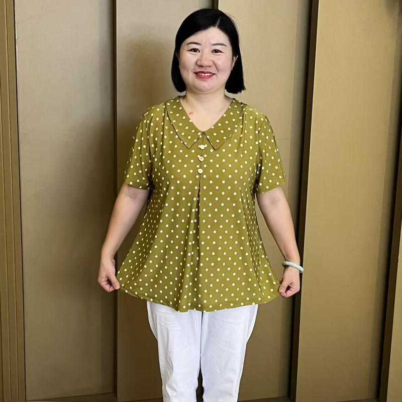 新款时尚娃娃领妈妈装夏季宽松遮肉显瘦减龄波点大码上衣