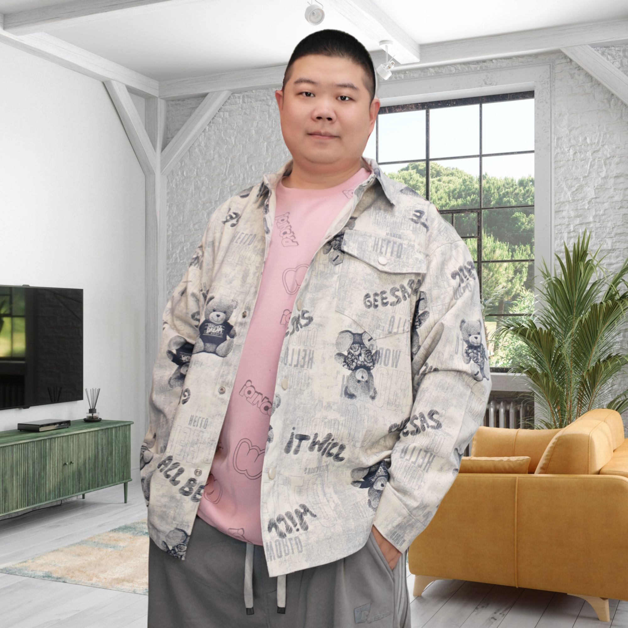 秋季新款男士宽松大码小熊印花牛仔外套免烫休闲上衣最大300斤穿