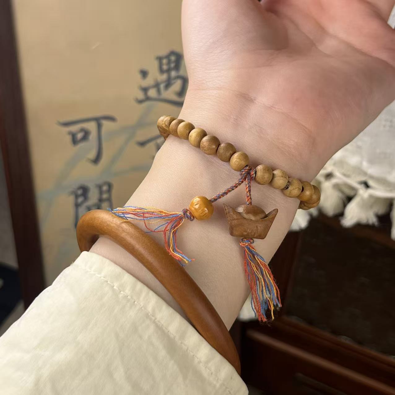 【桃缘行】「桃木元宝」驱·避·挡·护手工雕刻麻绳流苏桃木单圈手串