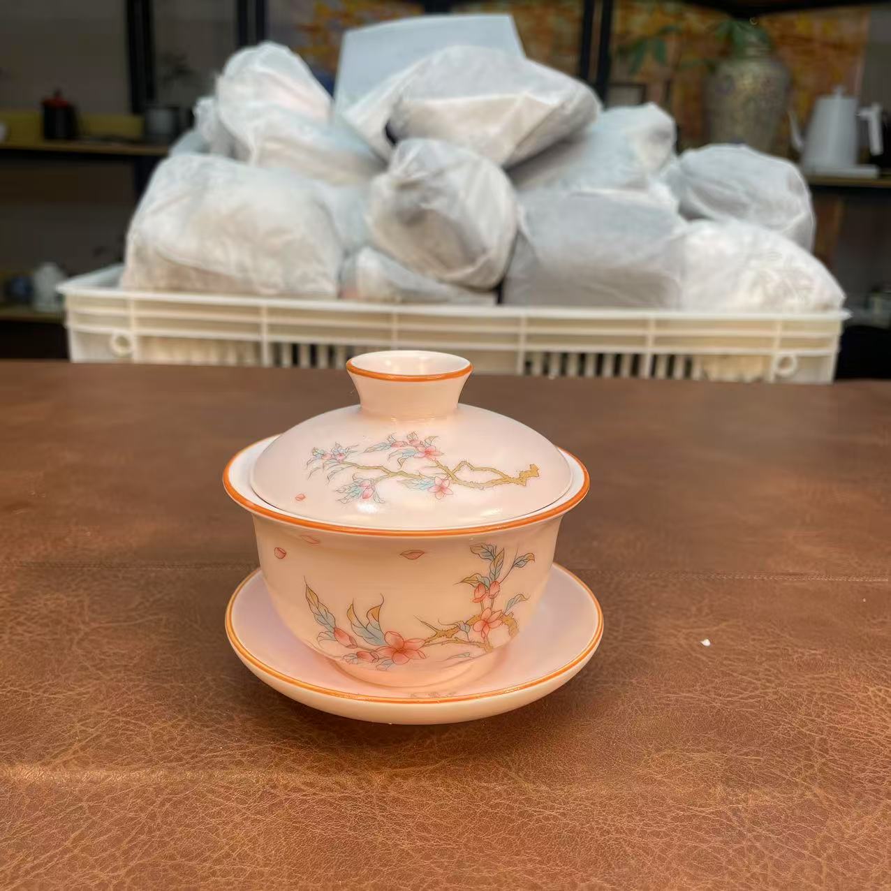 莉火火茶器 粉汝窑喜上眉梢盖碗-3909