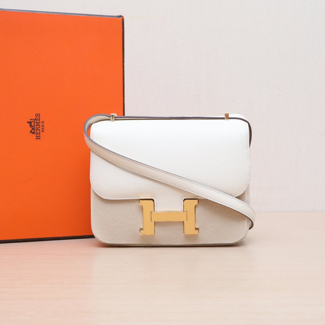 95新 Hermes/爱马仕 花花 康康 19 U刻 I2奶油白 Epsom皮 金扣