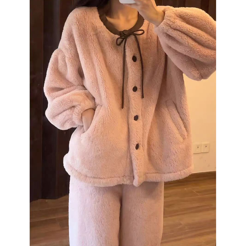 秋冬新款厚绒加厚睡衣宽松休闲圆领加大码可外穿家居服套装 6662