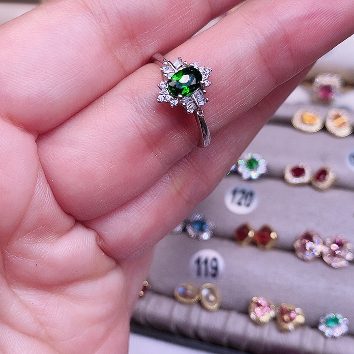 透辉石银S925镶嵌戒指