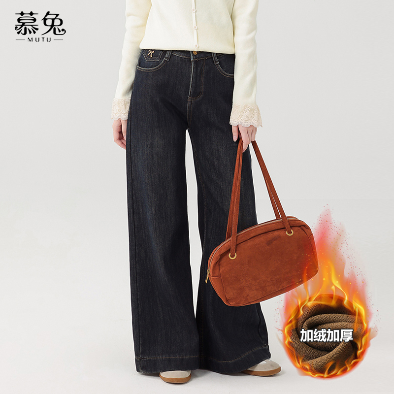 【粉丝专属】21799复古百搭直筒牛仔裤女小个子高腰显瘦加绒阔腿裤