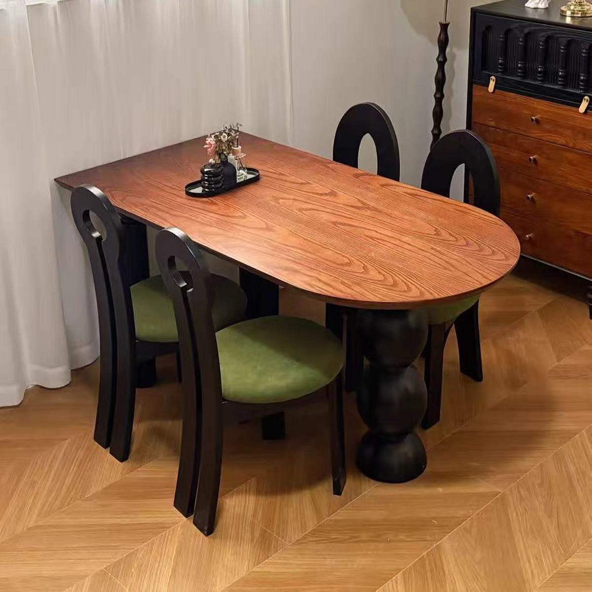 中古风实木餐桌小户型轻奢白蜡木法式复古风黑色圆形餐桌椅