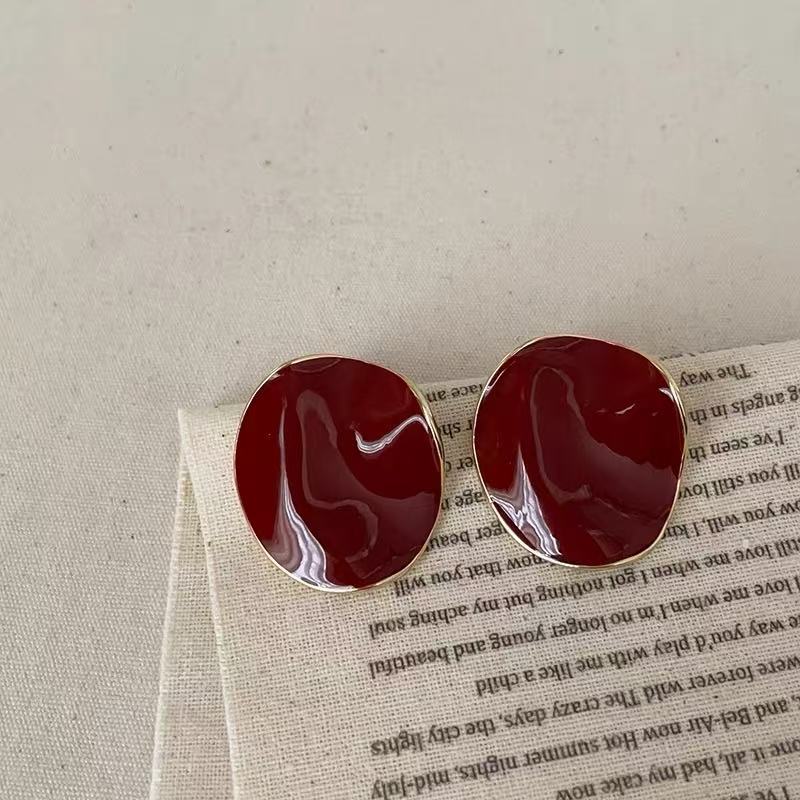 铜合金耳饰 【复古圆】不规则高端定制耳饰酒红安可拉红女人味 A113