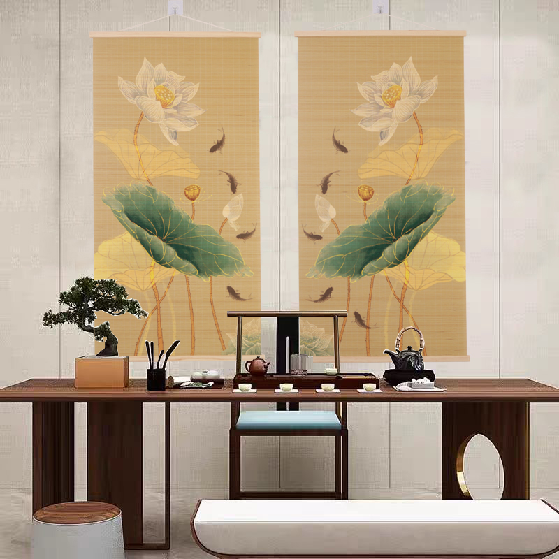 新中式竹挂画竹卷帘莲花鲤鱼图客厅书房茶室玄关办公室九鱼图装饰