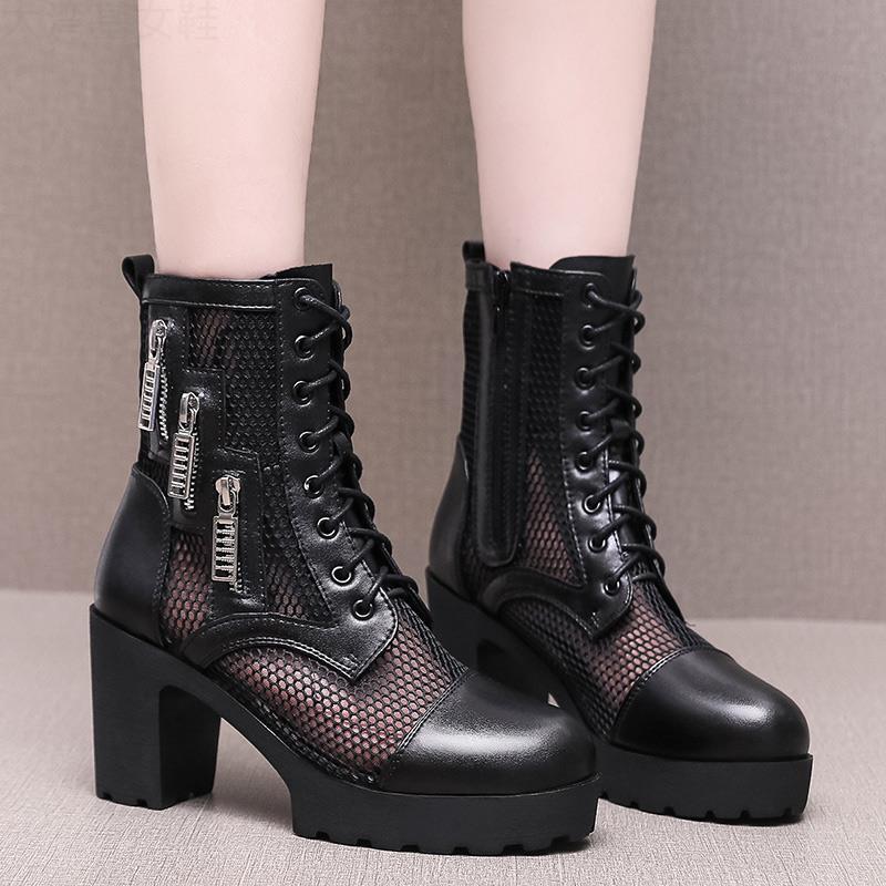 厚底网靴女高跟鞋网纱模特走秀短靴防水台蕾丝镂空防真皮粗跟短靴