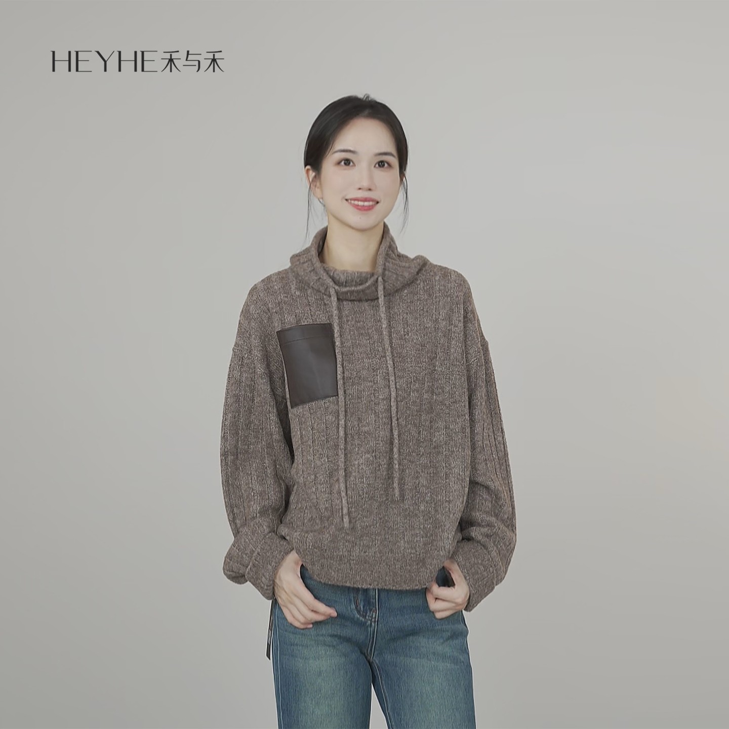 小禾【马德里】康宝莱绵羊毛超细圈圈纱拼皮口袋复古感套头毛针织衫