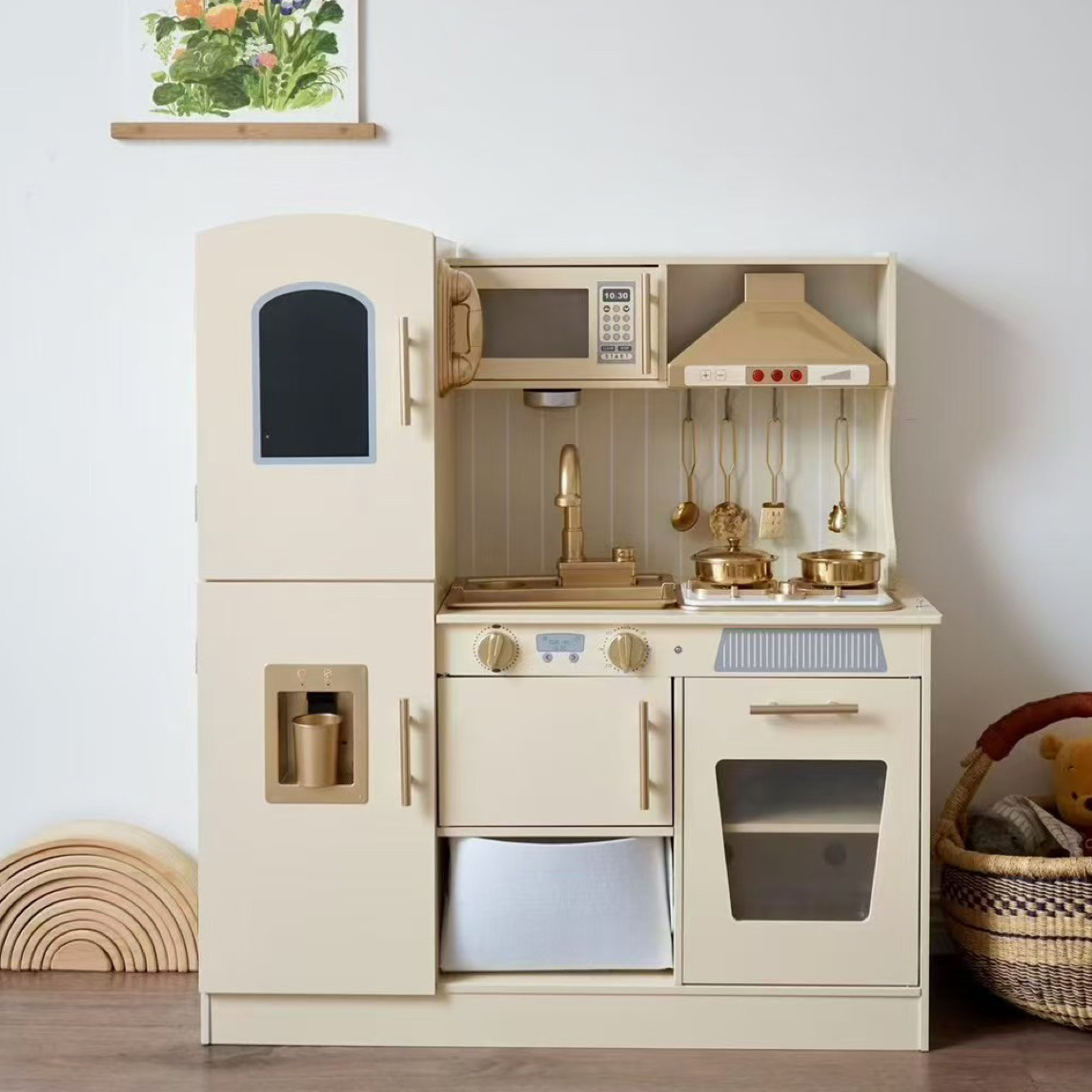 豪华迪拜黄金奶咖木质仿真儿童过家家厨房冰箱套装做饭玩具LB