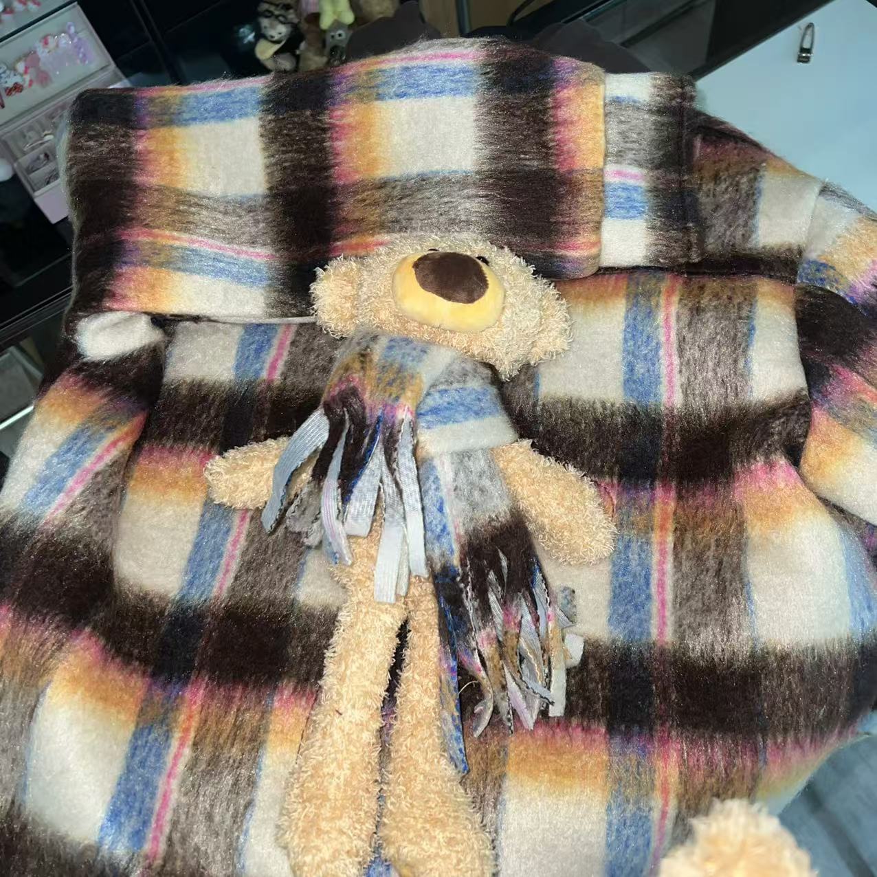 FOG（166）格纹磨毛连帽格子小熊公仔拉链外套-4N212MY117