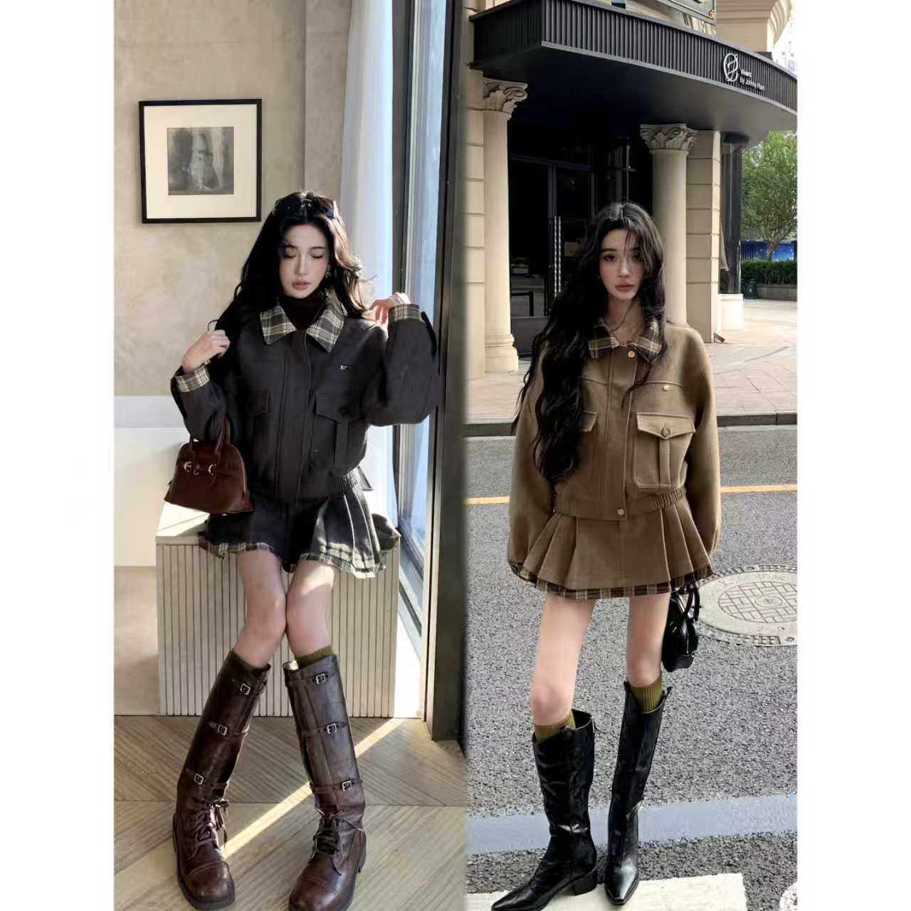 Barb Chill【德拉旧街】格子工装夹克巴恩风外套miu系千金毛呢套装