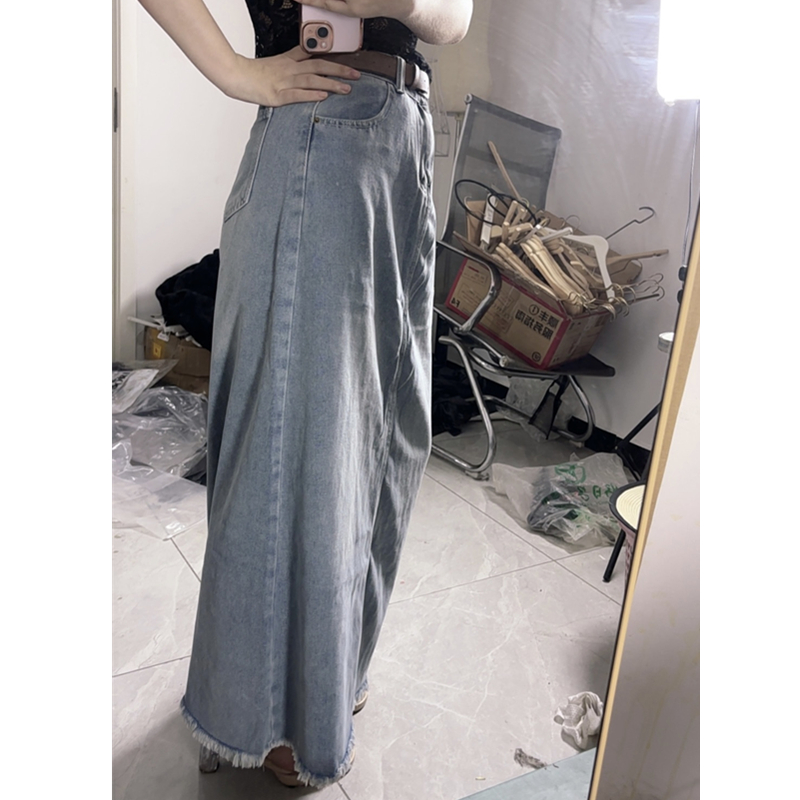 【子焱实拍】234#长款高腰显瘦夏季胖mm韩系浅蓝色高腰牛仔半身裙女