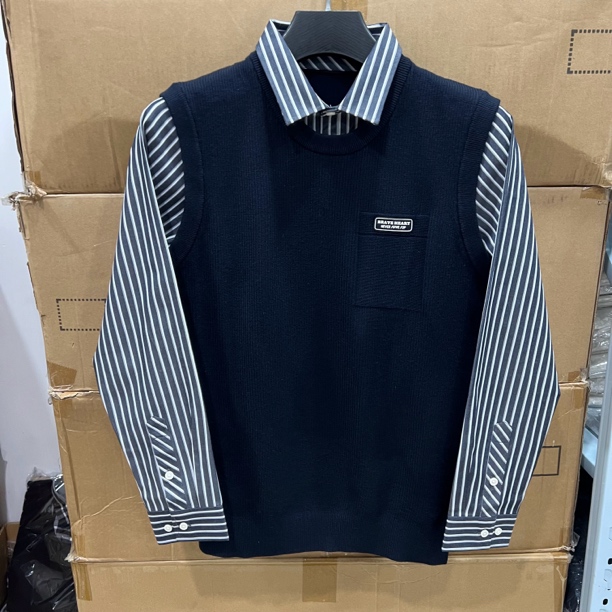 8890撤柜H剪标衬衣领假两件毛衣针织衫春秋男士背心马甲款藏青色