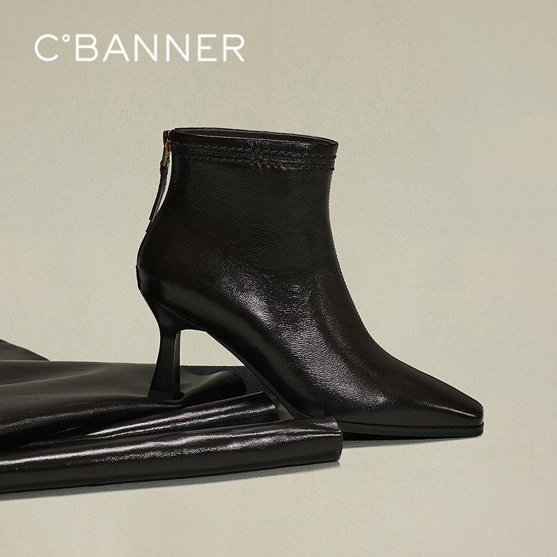 千百度粗高跟羊皮靴女2025秋冬新款时装靴通勤尖头短靴子A2555171