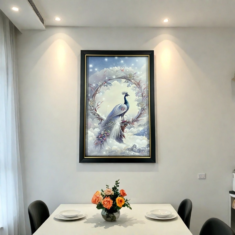 孔雀高档餐厅玄关挂画 镶钻 轻奢 现代 装饰画 立体镶嵌沙发背景