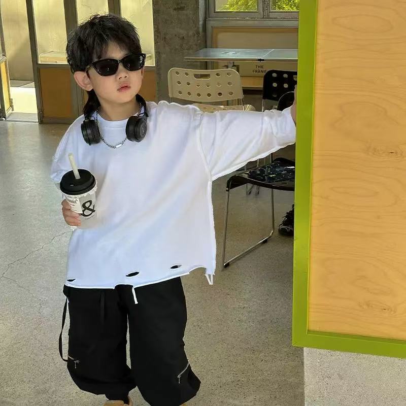 2025秋款男童长袖打底衫童装23年秋手工割破t恤韩版反做洋气衣服