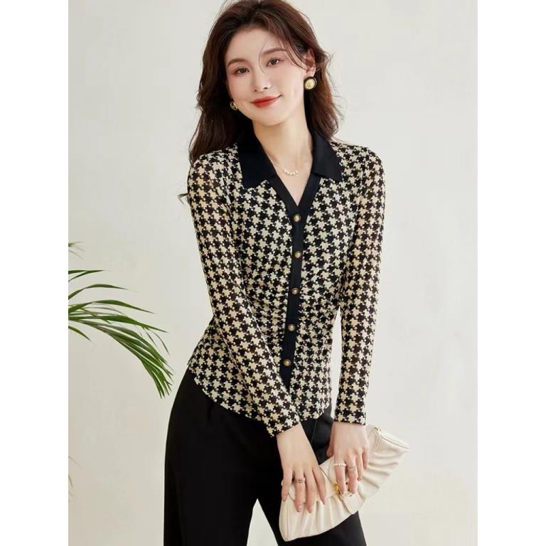 【C1266】春季新款时尚V领千鸟格气质修身显瘦长袖小衫