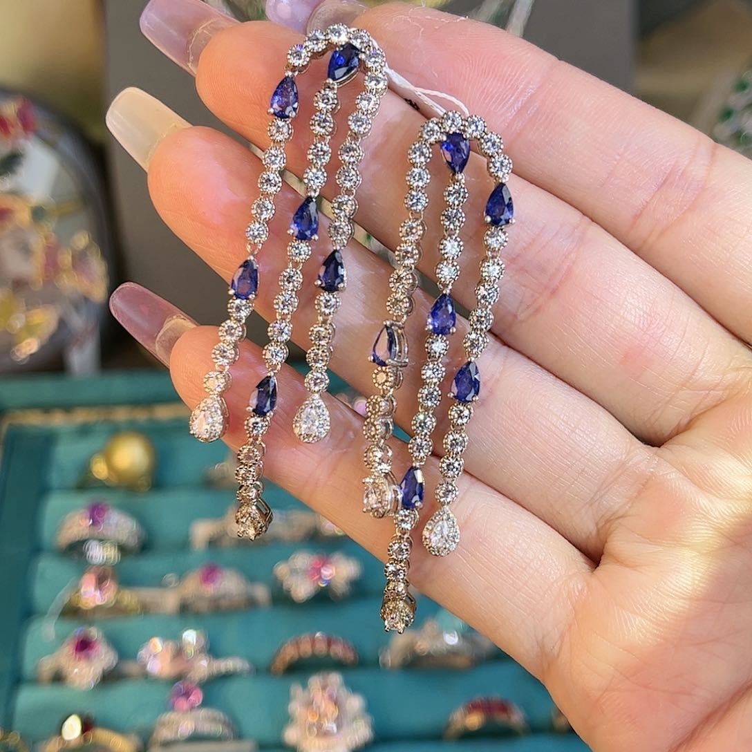 蓝宝石耳饰银S925镶嵌