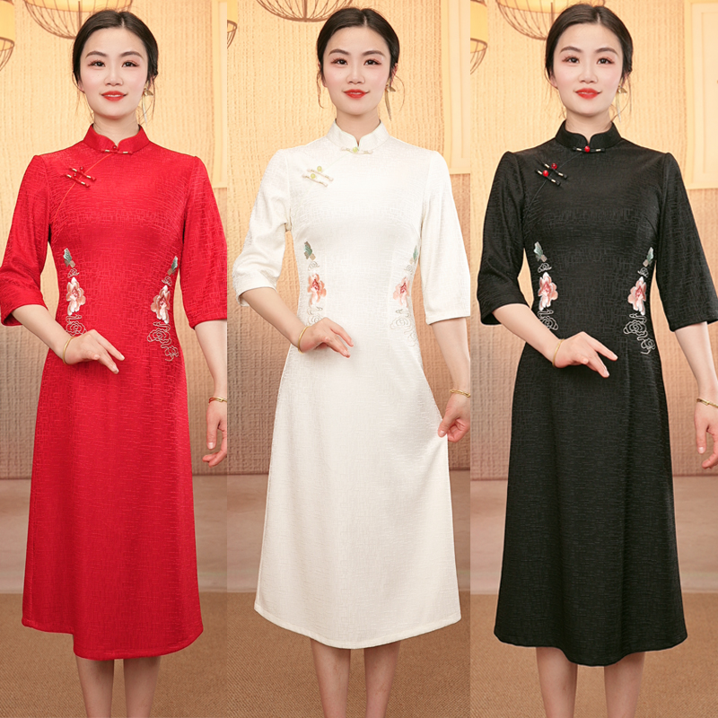 新款复古黑色提花长袖短裙显瘦经典日常刺绣国风旗袍中长款时尚