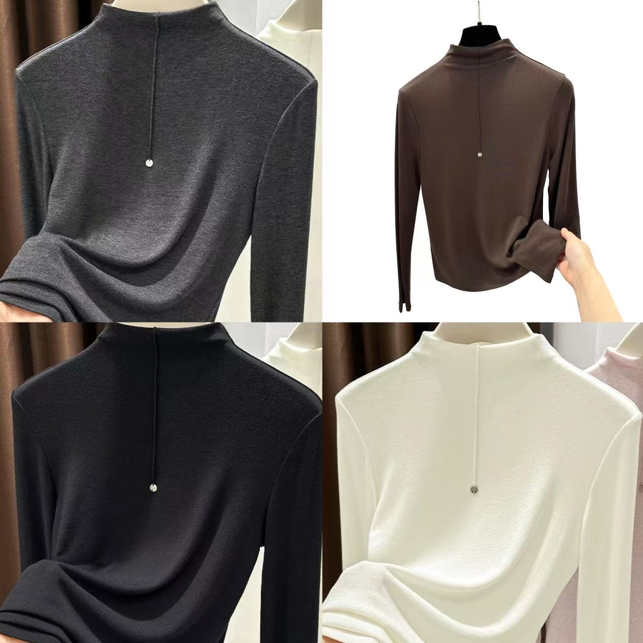 范特依--【粉丝打底衫】女士轻奢优雅气质半高领打底衫7673