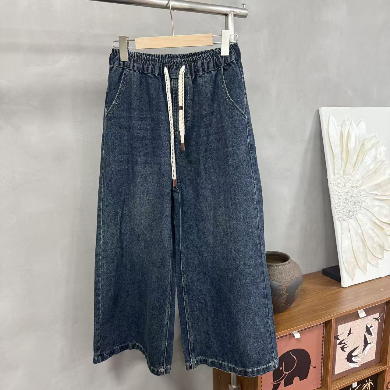 【左耳与麻】2025秋装新款30%亚麻70%棉深色直筒阔腿牛仔裤显瘦8825