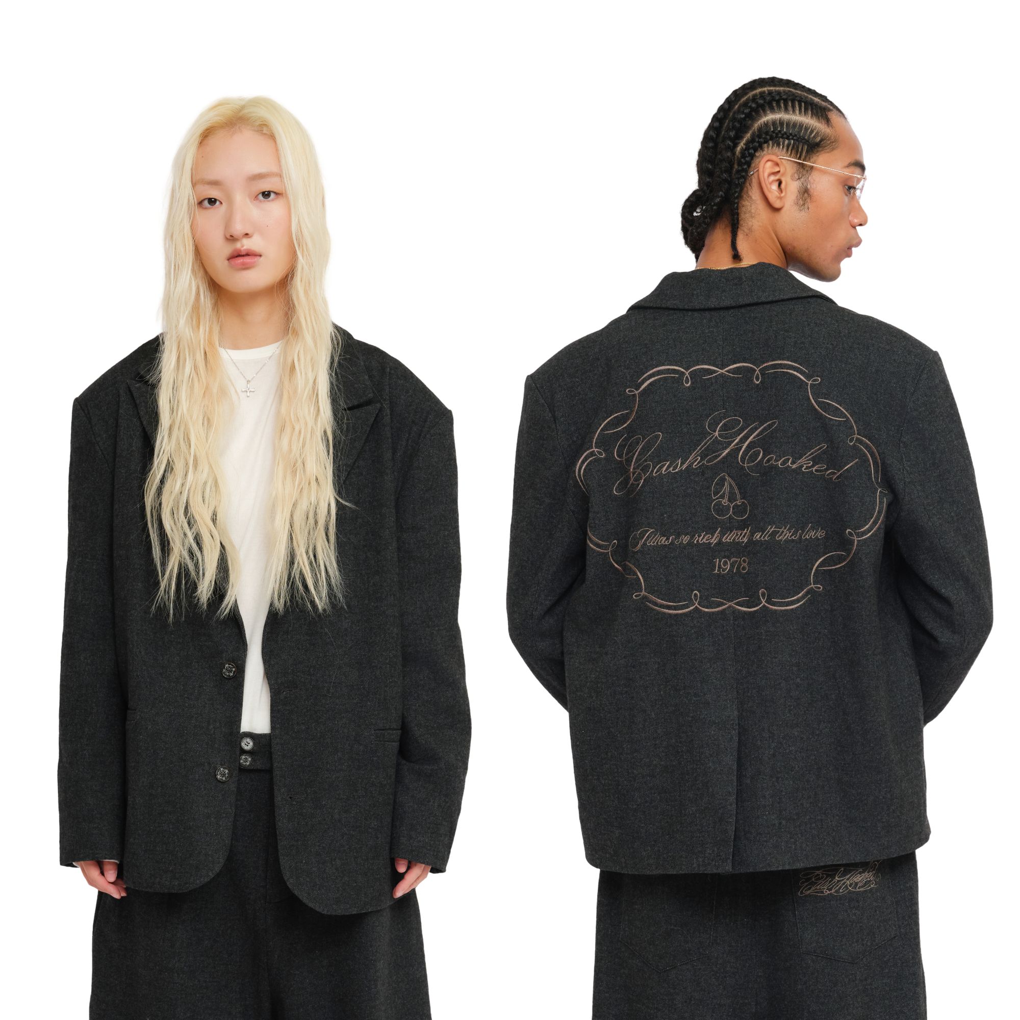 CASHHOOKED CLOTH 25AW 复古绣花呢绒灰色宽松廓形潮流西装外套