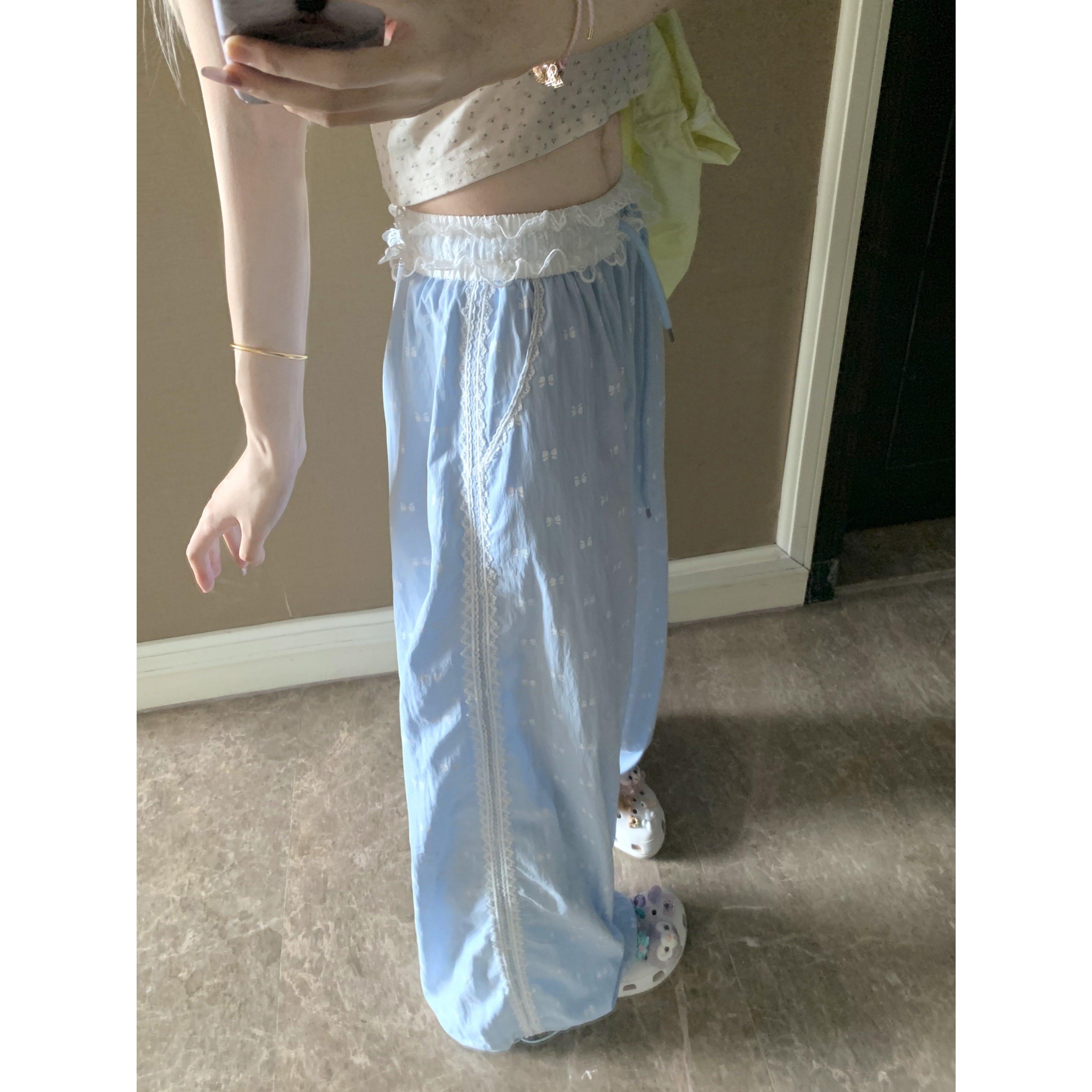 甜辣风蕾丝拼接高腰阔腿休闲裤蝴蝶结印花束脚直筒工装裤