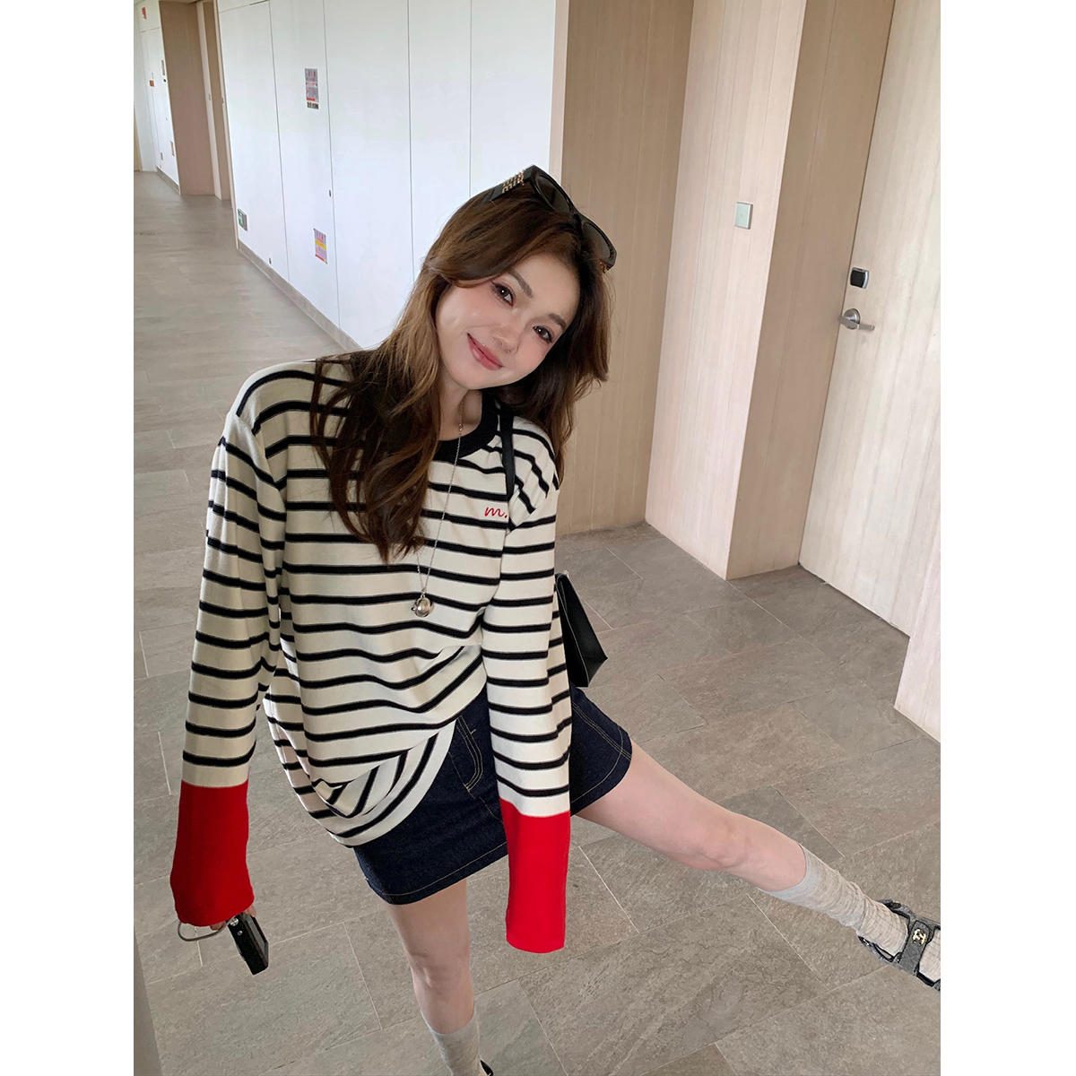 MUKOK夏尔线谱新款100%纯棉撞色条纹针织衫女套头毛衣圆领t上衣春