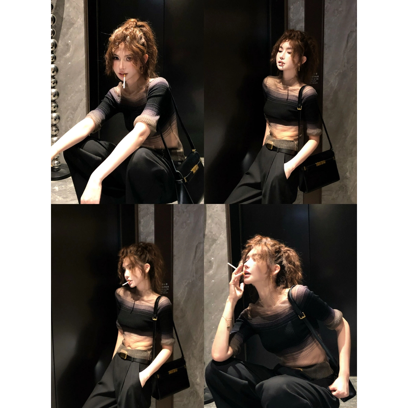 韩系辣妹渐变色条纹短袖t恤女夏季韩版复古时尚气质修身显瘦上衣