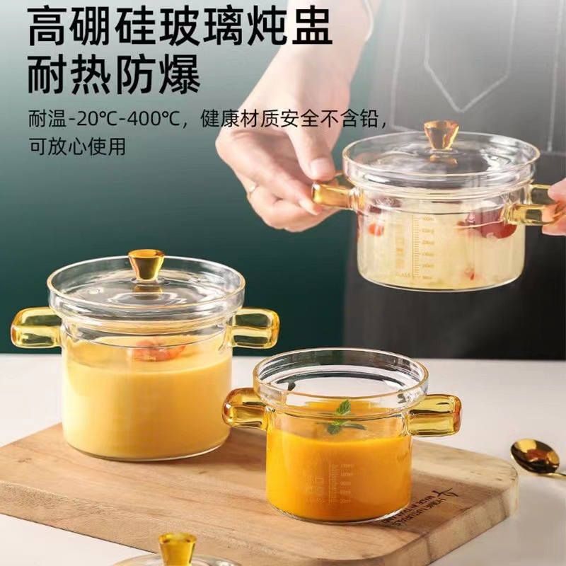 带盖耐高温学生高硼硅玻璃碗炖盅家用大容量高颜值蒸蛋盅汤锅奶锅