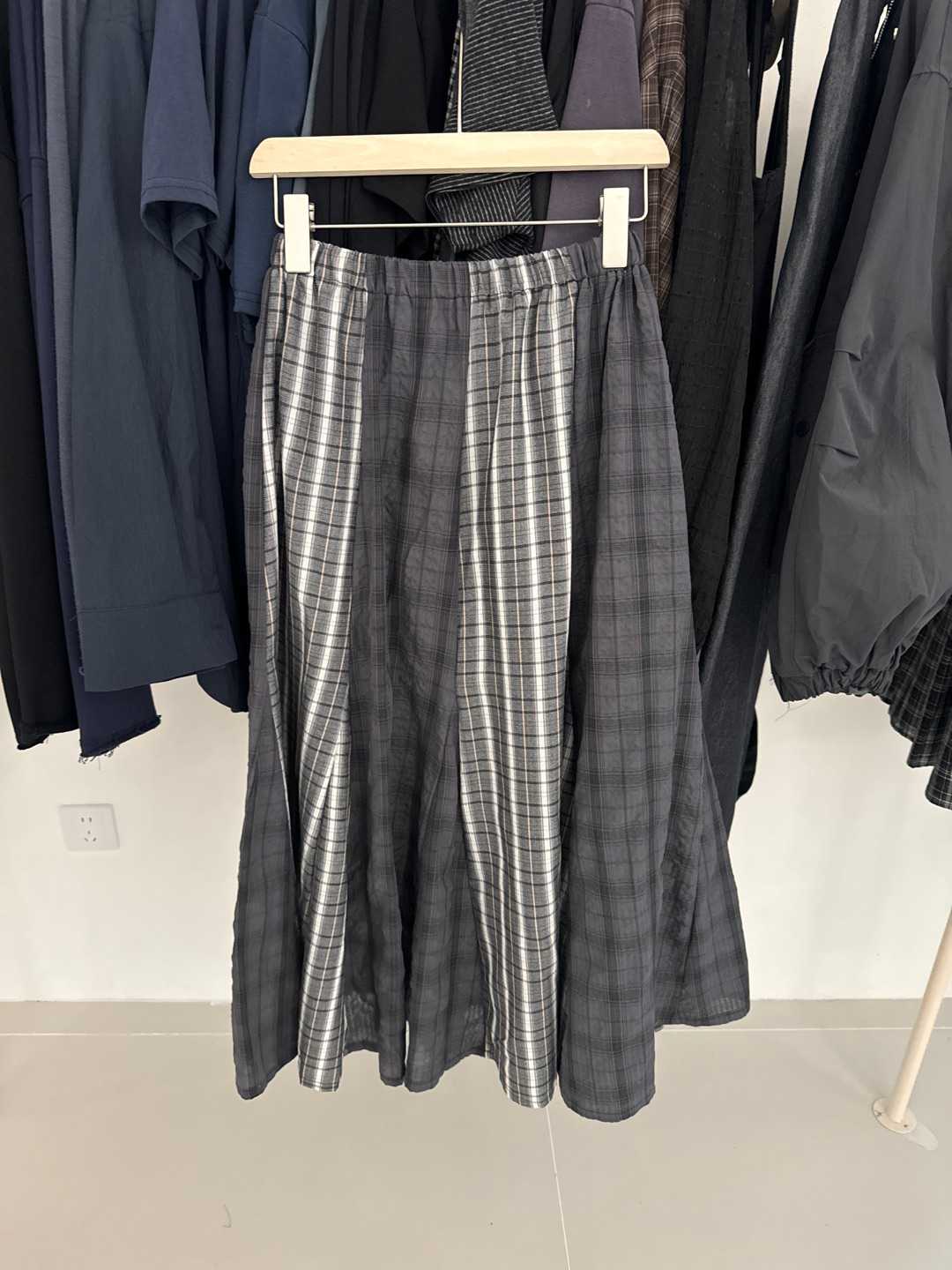 Moran，韩代拼色格子裙格纹夏季百搭松紧腰