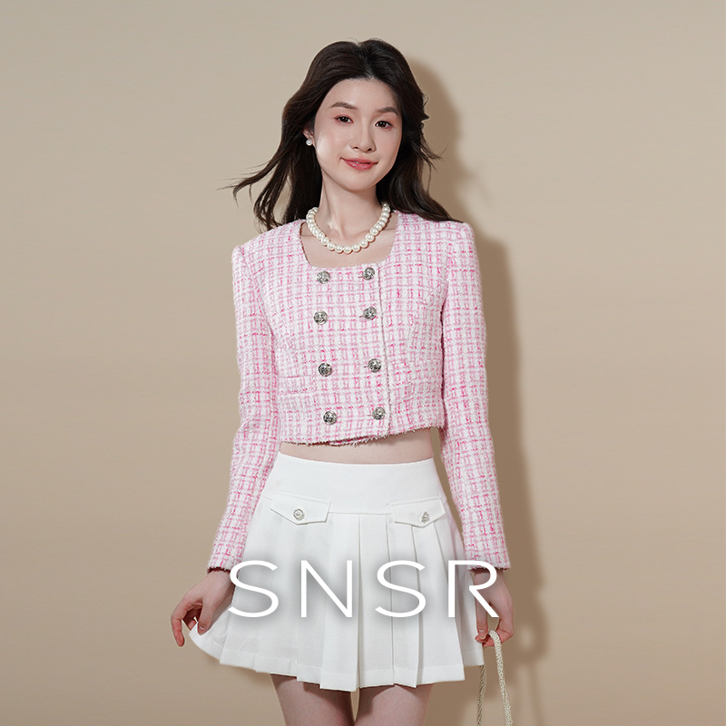 SNSR/圣妮思25秋季新款小香风花呢方领长袖短外套S23C020WT206