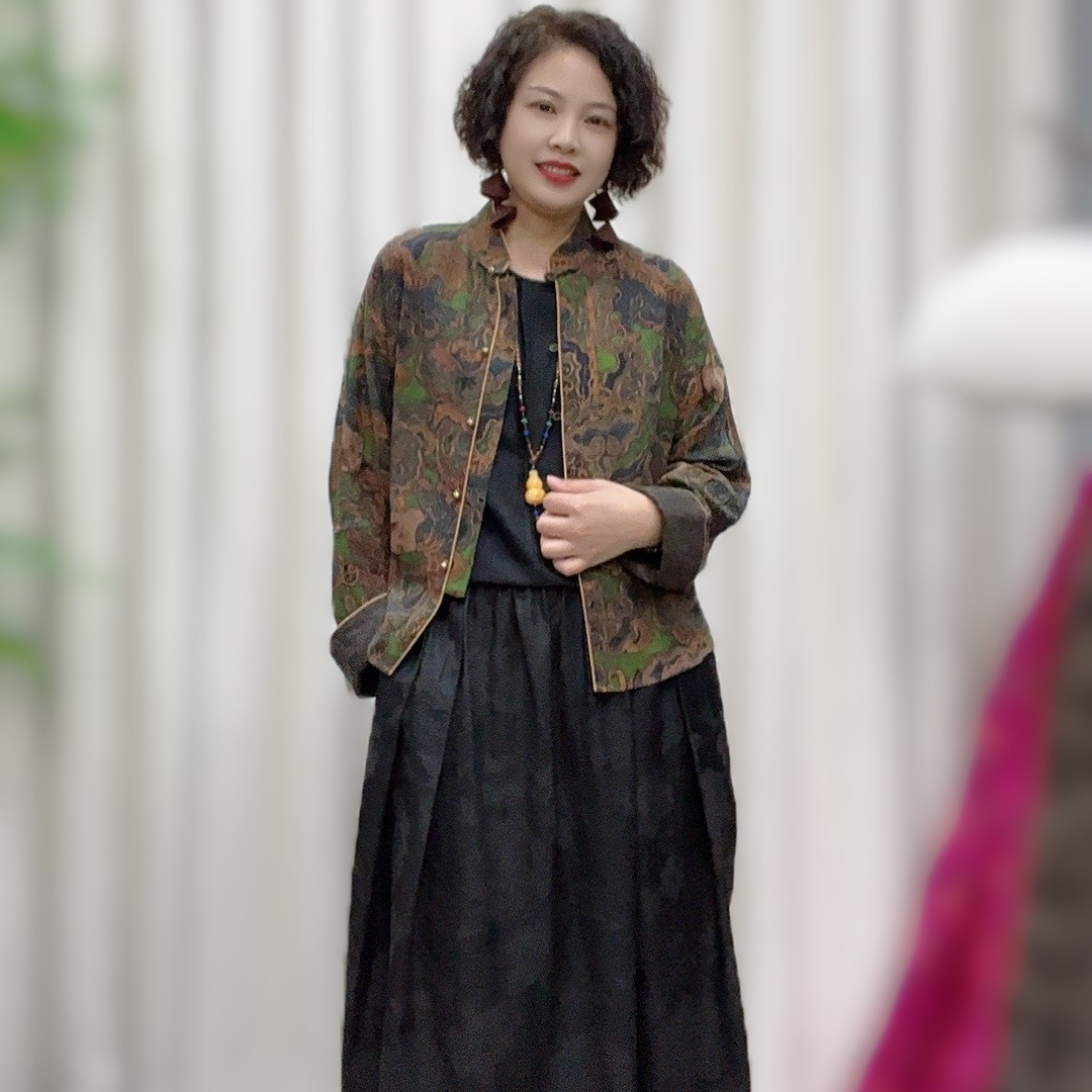 【皇家麒麟】100桑蚕丝香云纱双面双穿提花立领新中式国风外套24C01