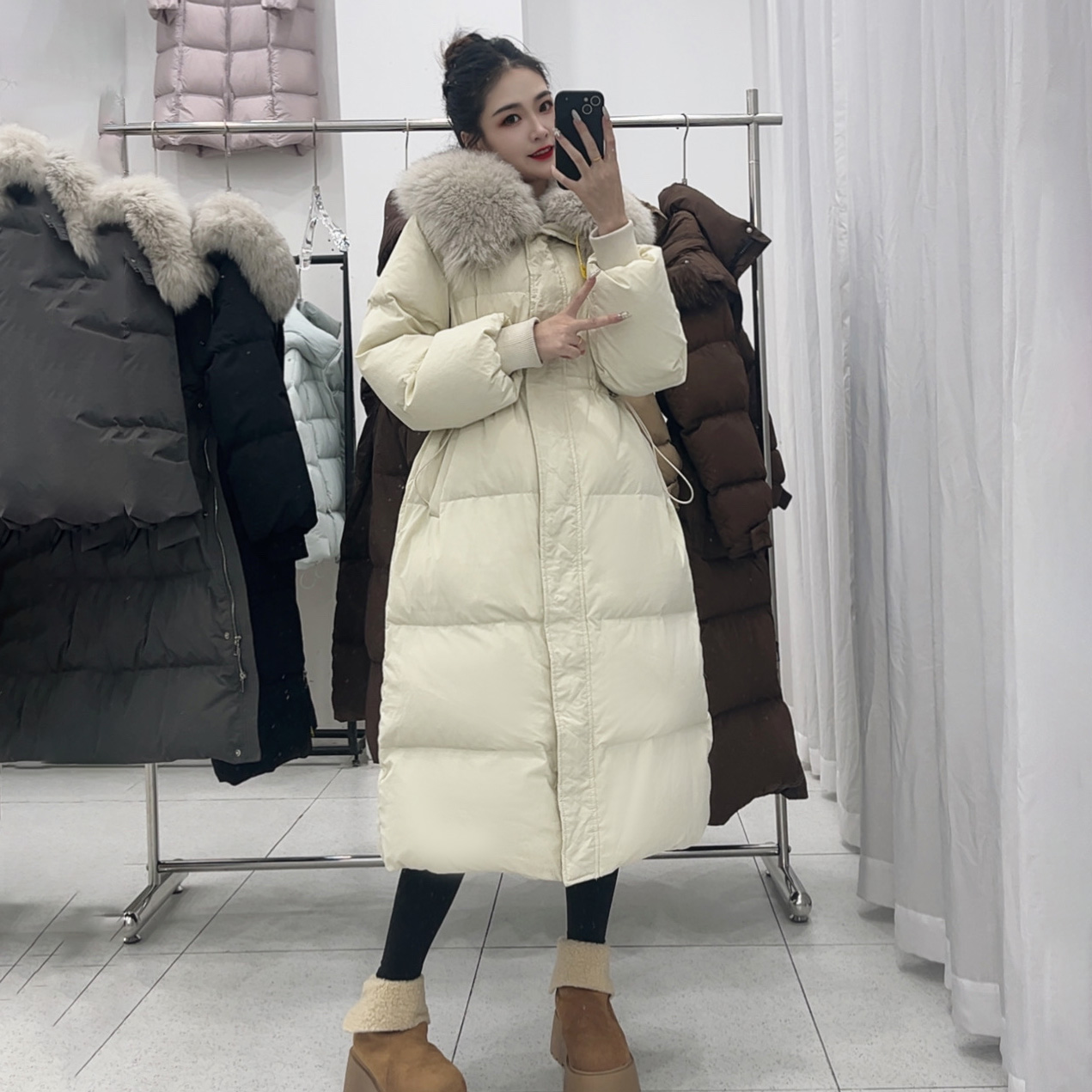 真狐狸大毛领羽绒服女2025新款长款韩版收腰显瘦冬季保暖洋气外套