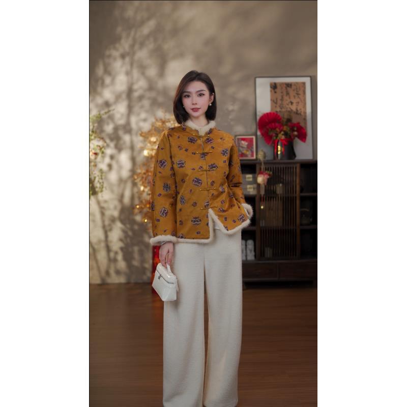 GONG QUE【醒狮】新中式秋冬款桑蚕丝夹棉拼貂毛长袖外套 242569