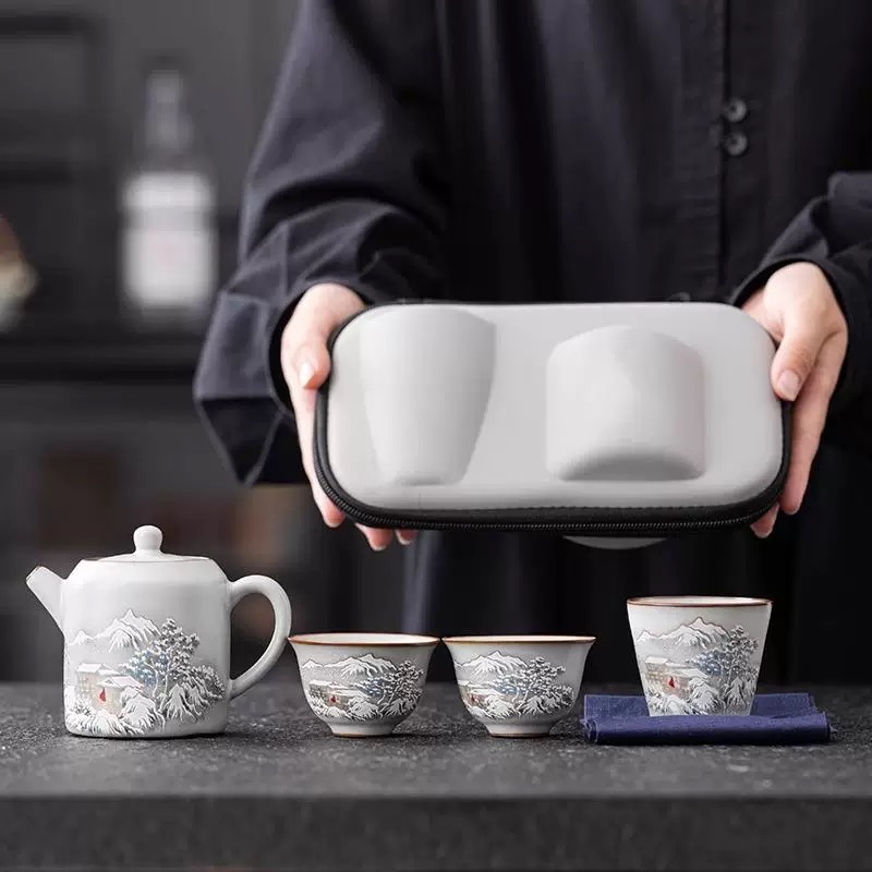 当代汝窑雪景【君品壶】+3杯旅行茶具