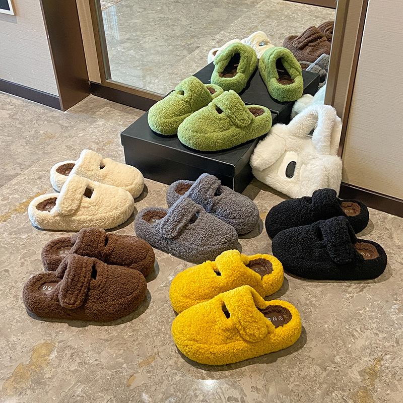 魔术贴厚底包头毛毛拖鞋女外穿2025秋冬季新款加绒保暖舒适棉拖鞋