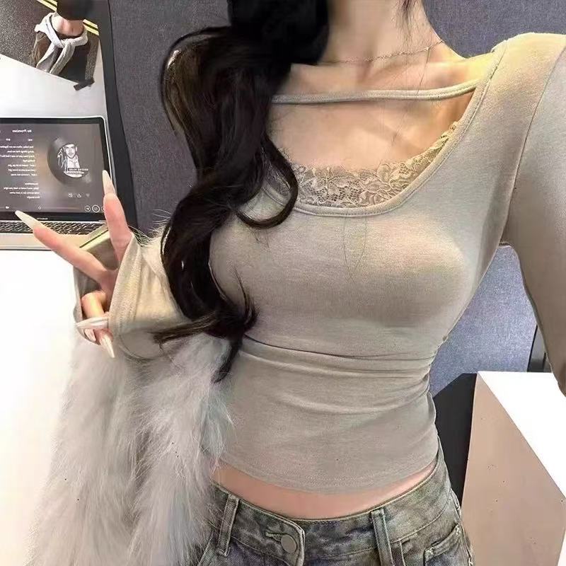 2026修身蕾丝纯欲风秋冬女款镂空加绒辣妹显瘦时尚打底长袖T恤