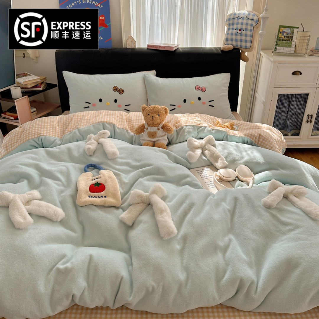 猫咪日记可爱ins风蝴蝶结喵酱牛奶绒套件加厚保暖四件套床单被套