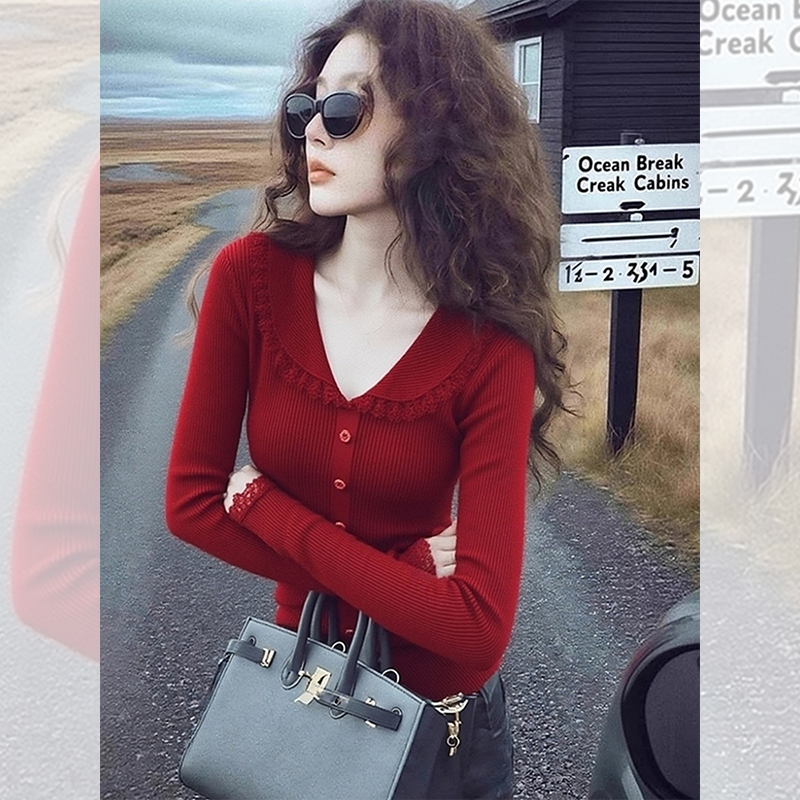 别致独特漂亮红色翻领小衫女装秋冬季针织衫洋气时髦气质高贵上衣