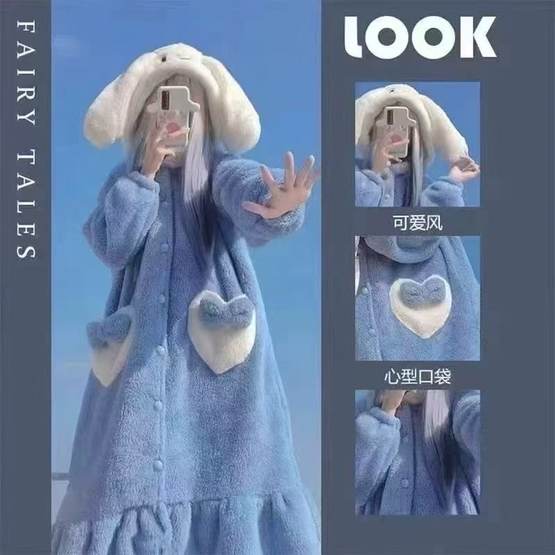 可爱玉桂狗珊瑚绒睡衣网红大耳朵狗加厚长款睡袍秋冬长款浴袍